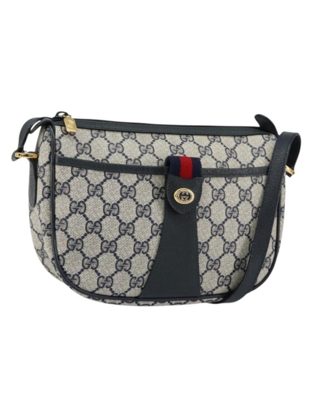 Authentic GUCCI GG Supreme Web Sherry Line Bag PVC Navy Gold 89 02 032